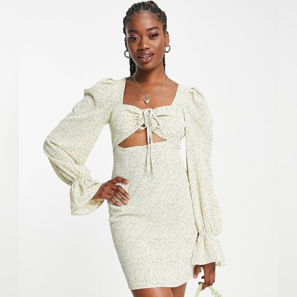 NaaNaa Milkmaid Long Sleeve Mini Dress in yellow floral
